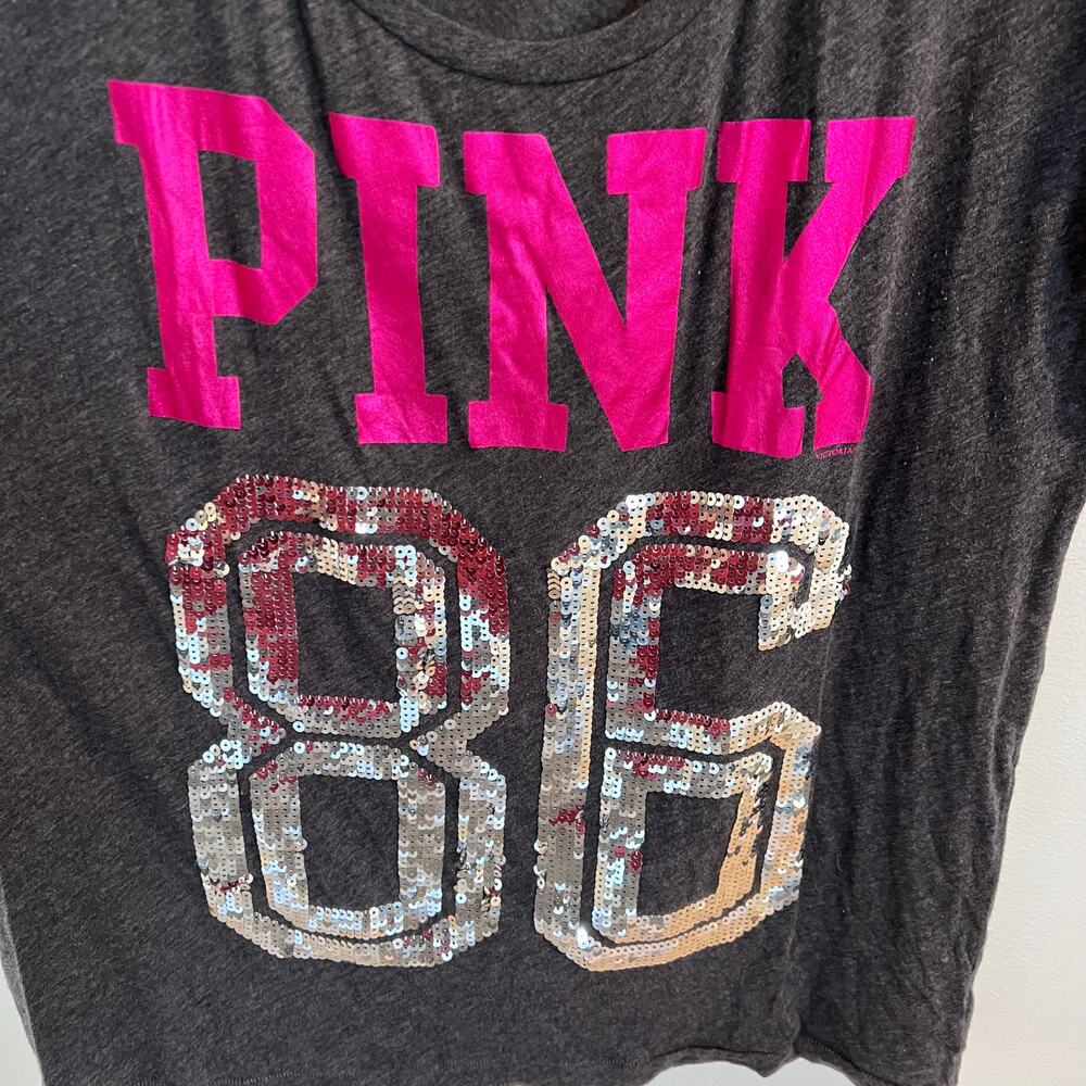 Vtg Pink Victorias Secret Rare Retro Gray Y2k Sequin Bling T-Shirt Size L - Picture 3 of 8